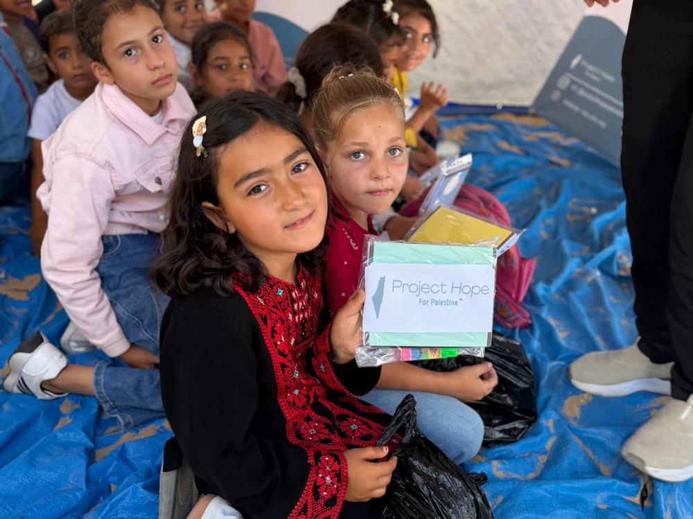 School supplies packed into bags for children in Gaza